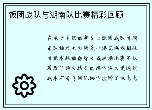 饭团战队与湖南队比赛精彩回顾