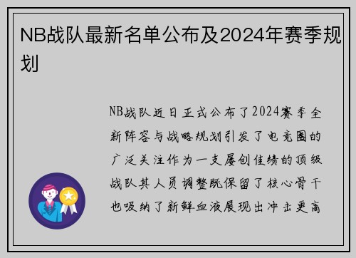 NB战队最新名单公布及2024年赛季规划
